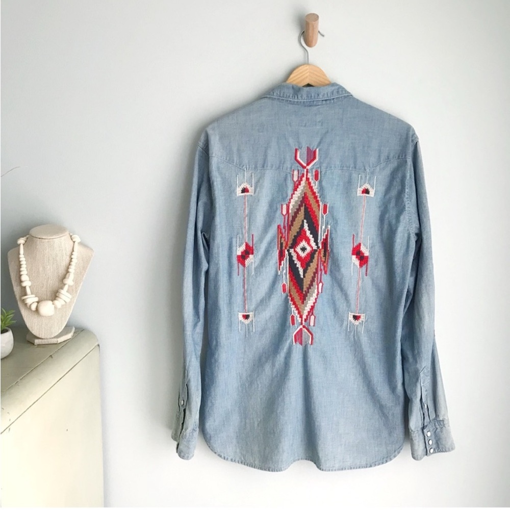 RL DENIM & SUPPLY Ralph Lauren Southwestern Embroidered Denim Pearl Snap Shirt L